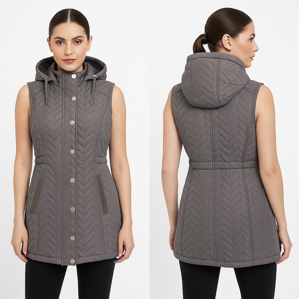 RUNWAY NY Sample Quilted Puffer Tunic Vest Hooded Zip Up Snap Closure Gray S
